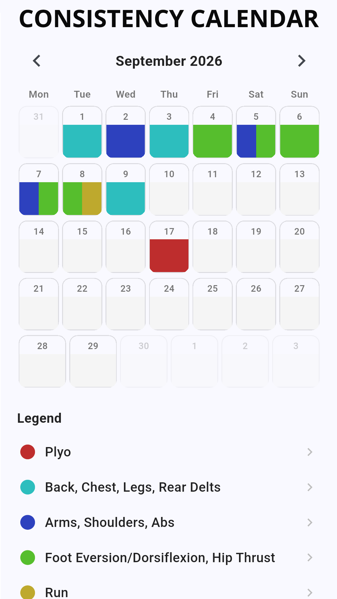 Consistency calendar screen showing a month of workouts color-coded by muscle group