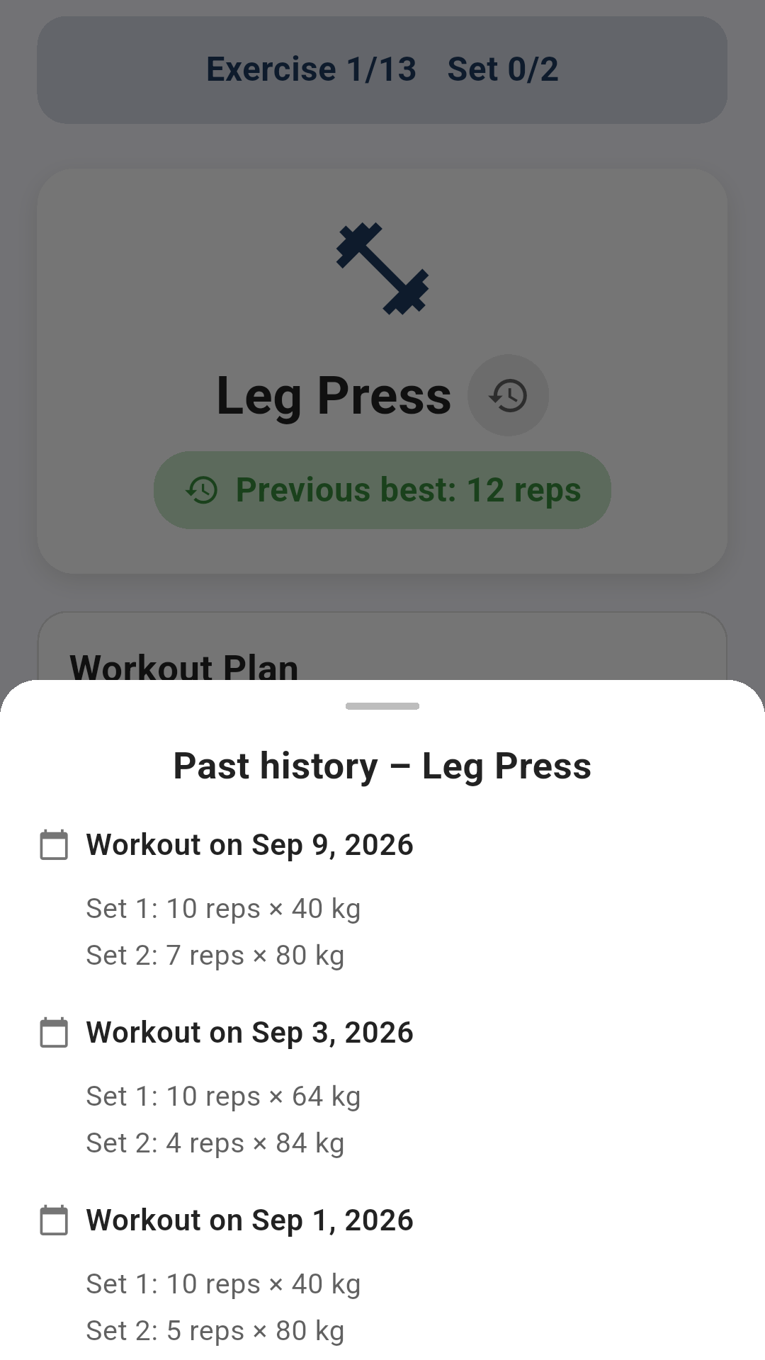 Past history panel opened during an active workout, showing previous sets and reps